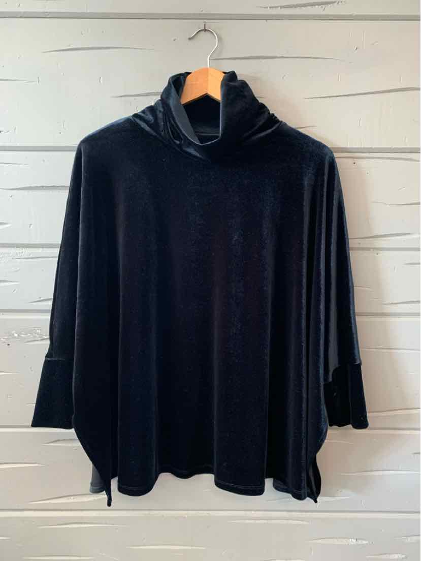 Black velvet long-sleeve top with loose fit and high funnel neckline, size medium.