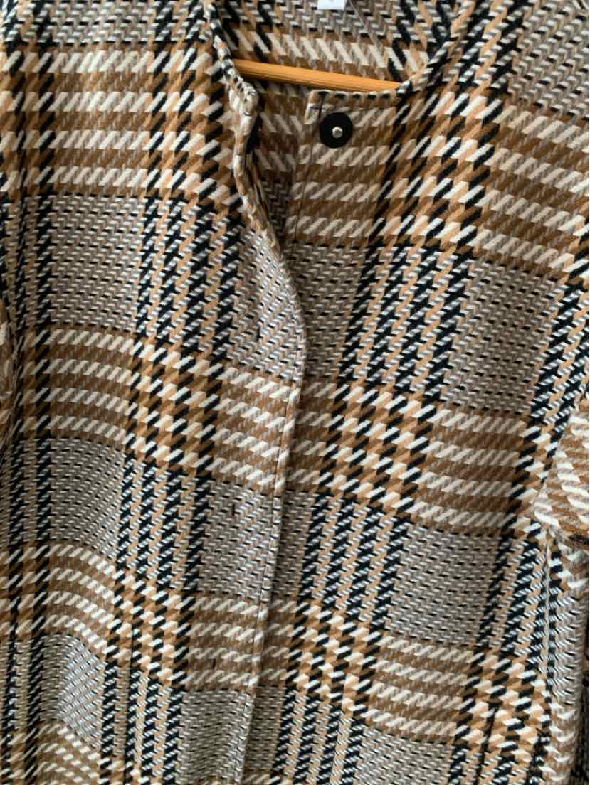 Brown, beige, and black plaid shirt with button-up front and soft fabric texture.
