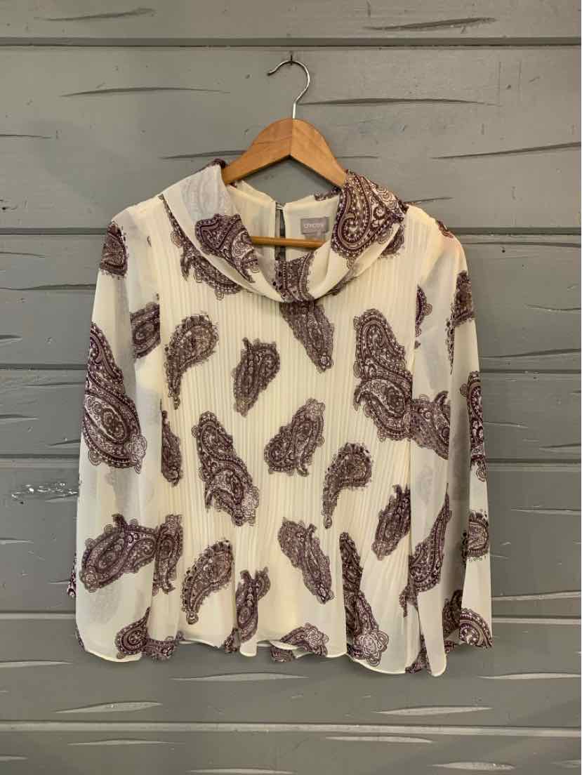 White long-sleeve blouse with brown paisley print and collar, size 0P.