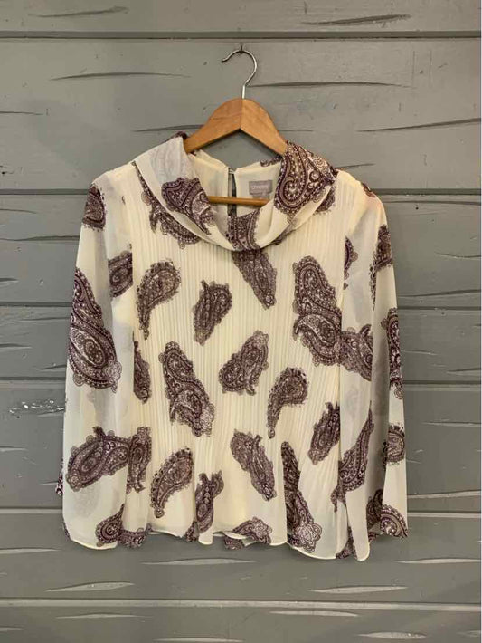 White long-sleeve blouse with brown paisley print and collar, size 0P.