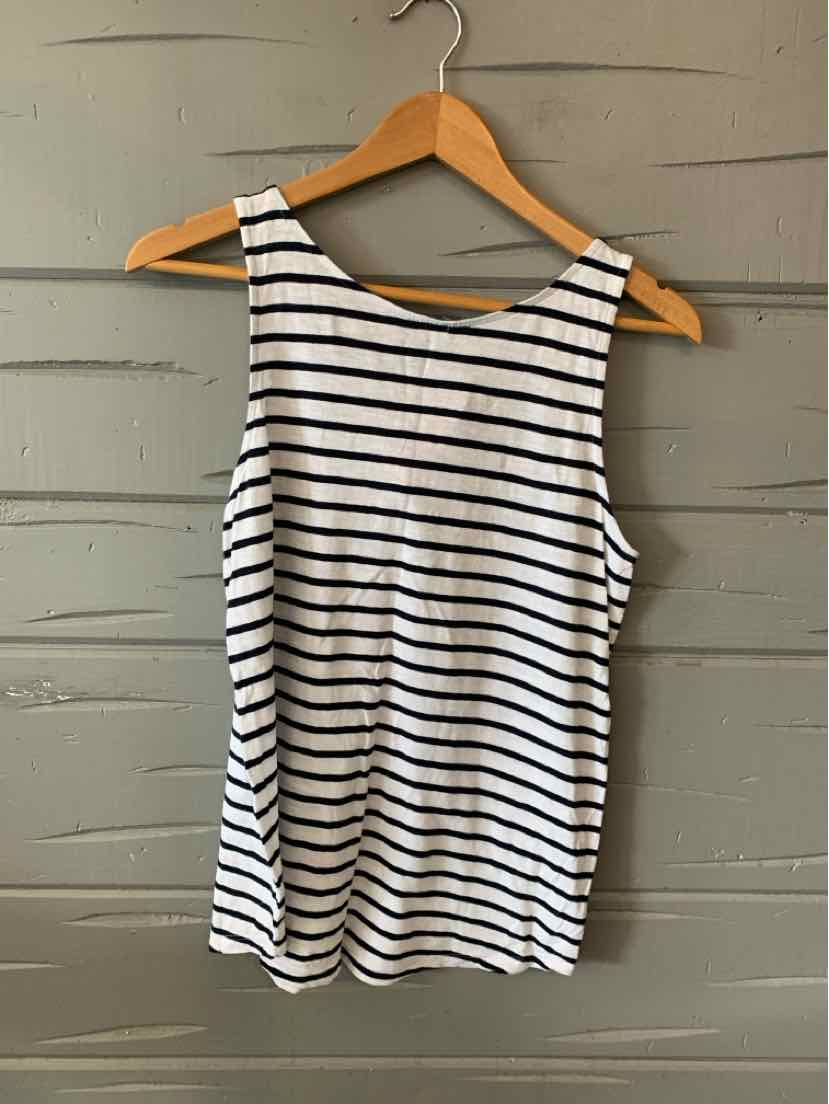 White sleeveless tank top with narrow black horizontal stripes and a scoop neckline.