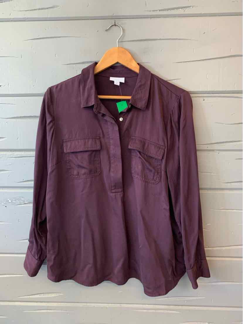 Long-sleeve plum-colored button-up blouse with two chest pockets and a soft fabric finish.