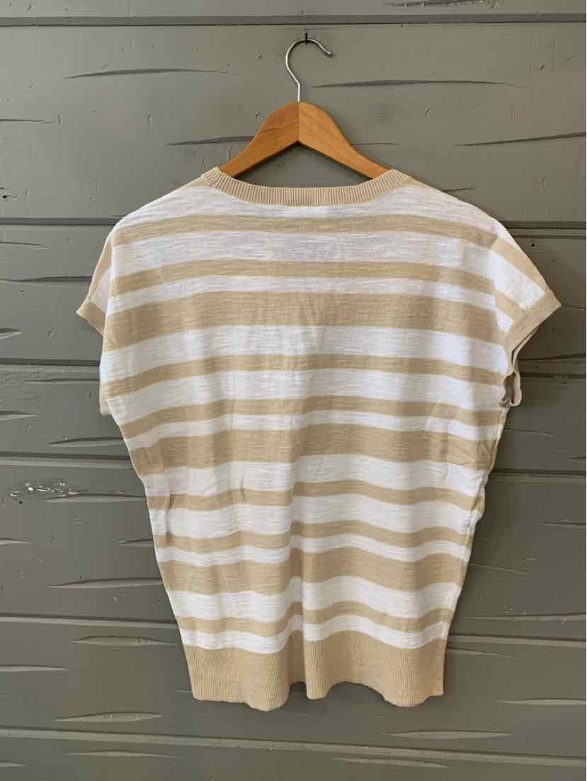 Tan and white horizontal striped short-sleeve knit top with ribbed hem and crew neckline, size large.