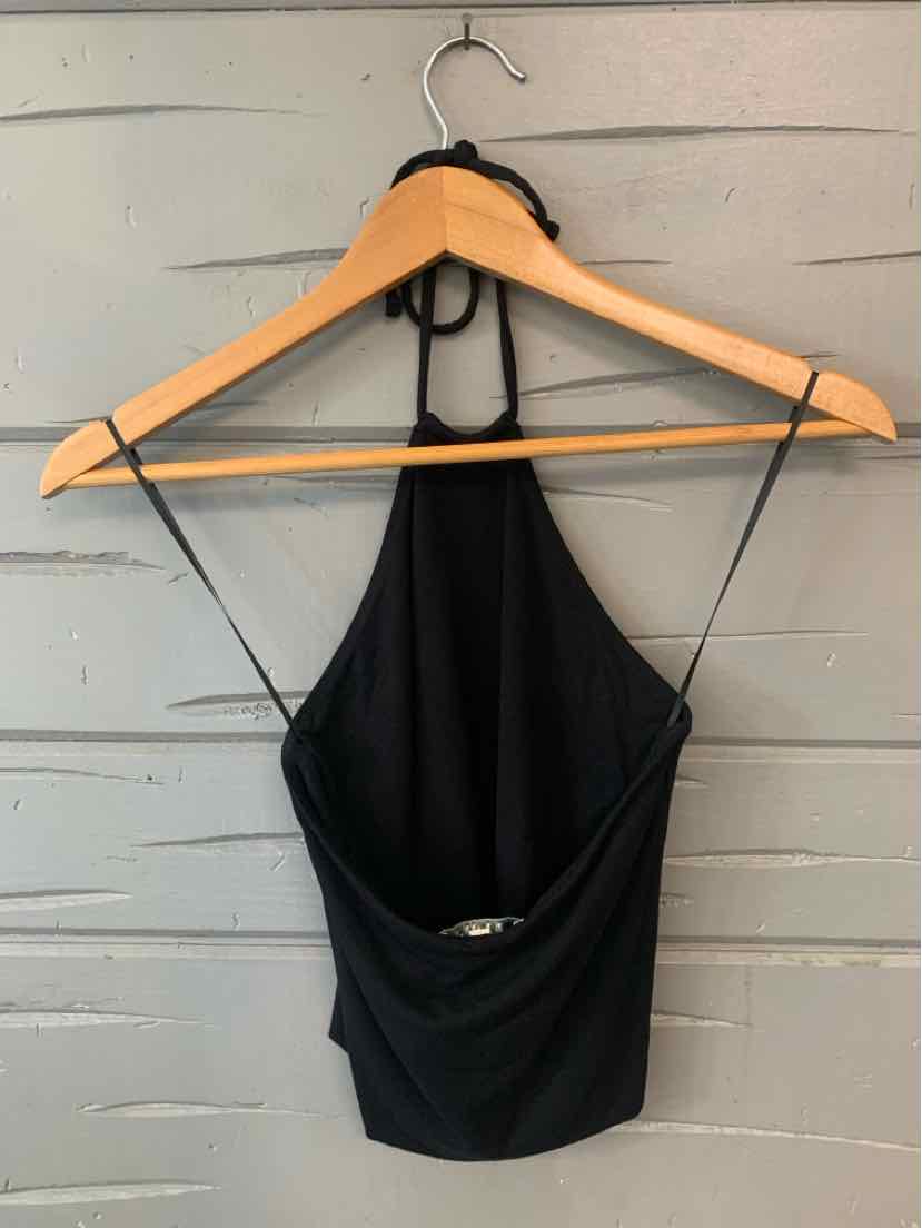 Black halter neck crop top with thin straps and open back, size XS.