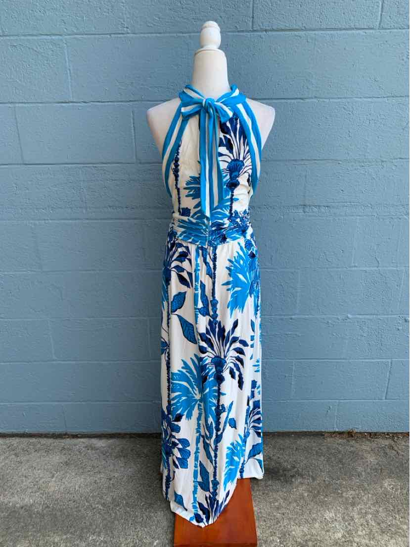 Blue and white tropical print halter neck maxi dress with gathered waist and keyhole front.