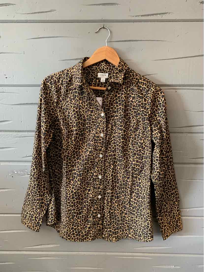 Long-sleeve button-up shirt with brown and black cheetah print on lightweight fabric.