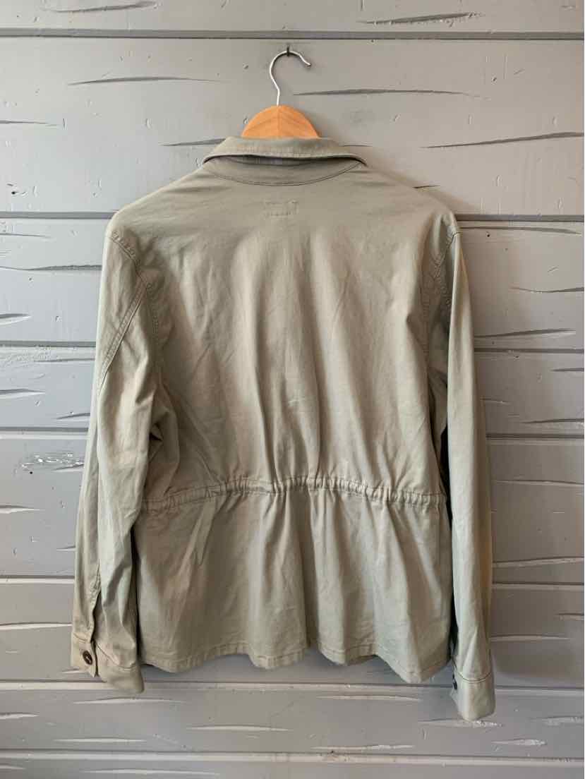 Light olive green long-sleeve jacket with gathered waist and buttoned cuffs on wooden hanger.