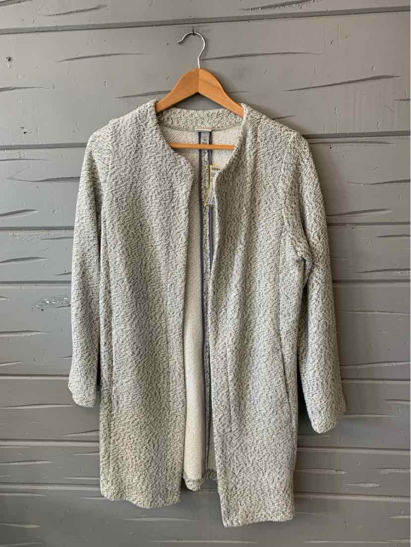 Light gray textured knit open-front cardigan with long sleeves and round neckline on wooden hanger.