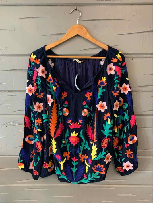 Navy blouse with colorful floral embroidery and long balloon sleeves, size XL.