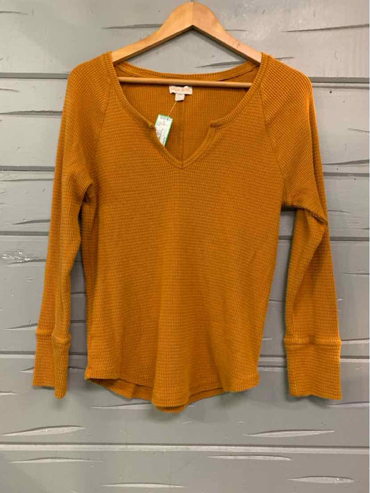 Long-sleeve mustard yellow V-neck knit top with ribbed cuffs and hem on wooden hanger.