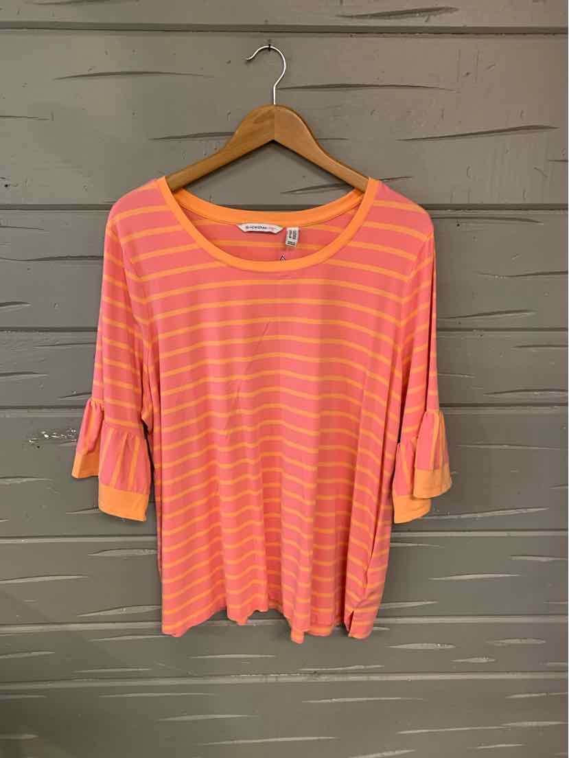 Coral pink and orange striped blouse with three-quarter sleeves and ruffle cuffs, size 2X.