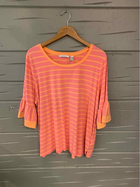 Coral pink and orange striped blouse with three-quarter sleeves and ruffle cuffs, size 2X.