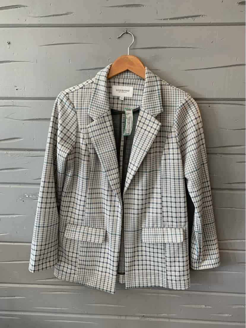 Gray plaid women's blazer with notched collar and two front pockets, size small.