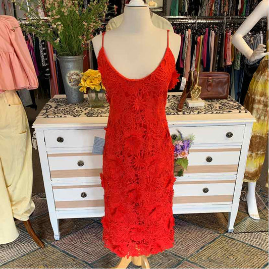 Red lace midi dress with scoop neckline and fitted silhouette on mannequin.