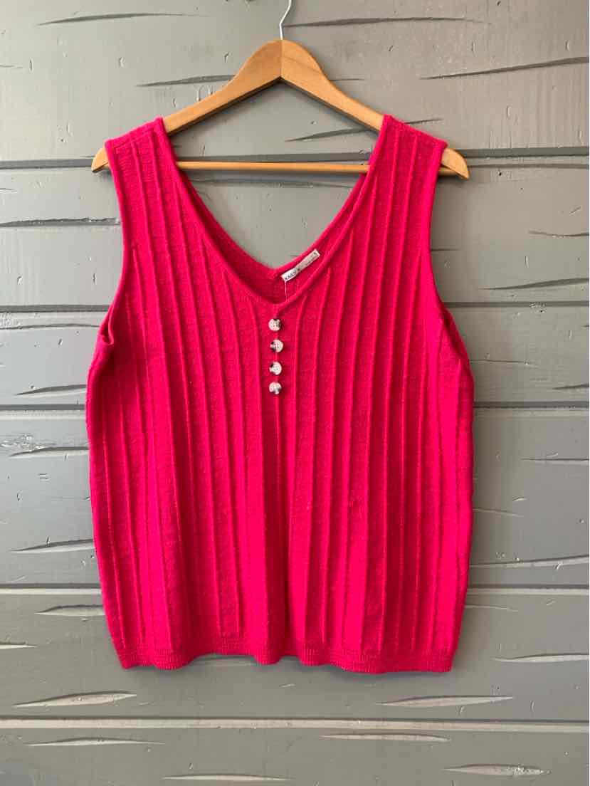 Bright pink knit sleeveless vest with ribbed texture and three pearl buttons on the front.