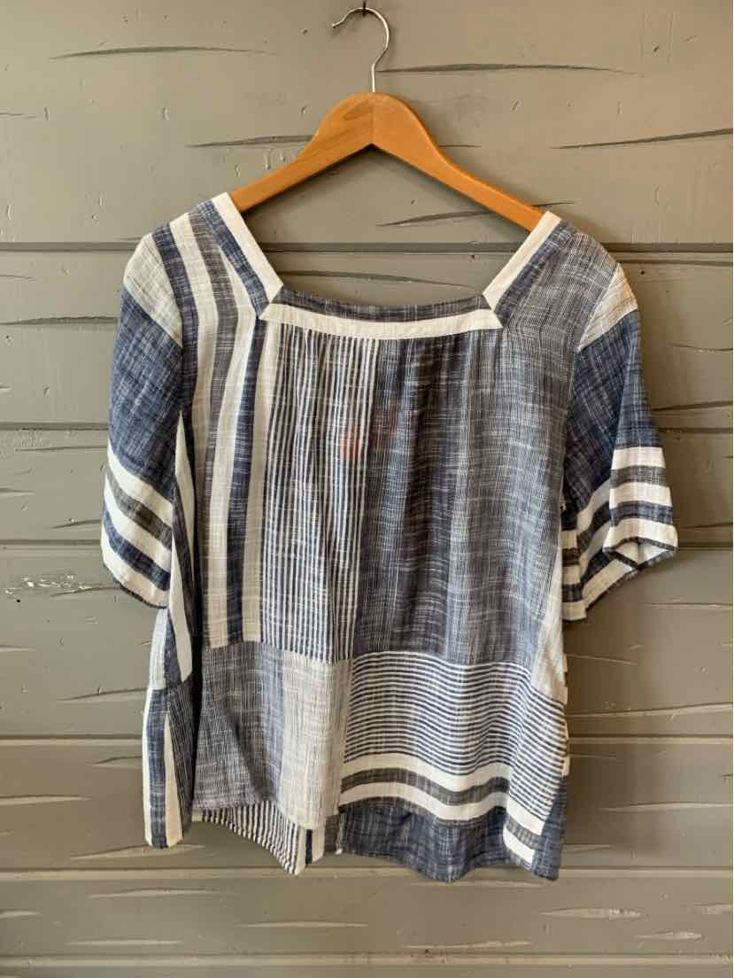 Blue and white striped short-sleeve blouse with a square neckline and lightweight fabric.