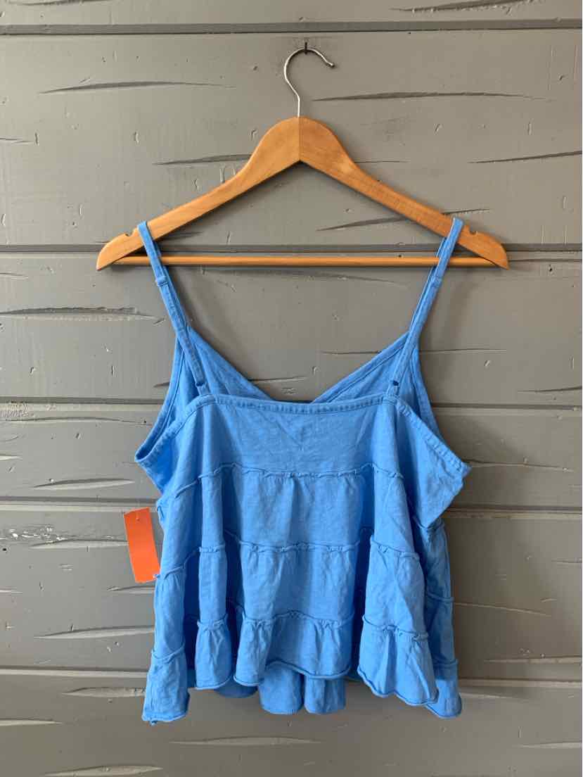 Light blue sleeveless tank top with thin straps and a ruffled hem, size large.
