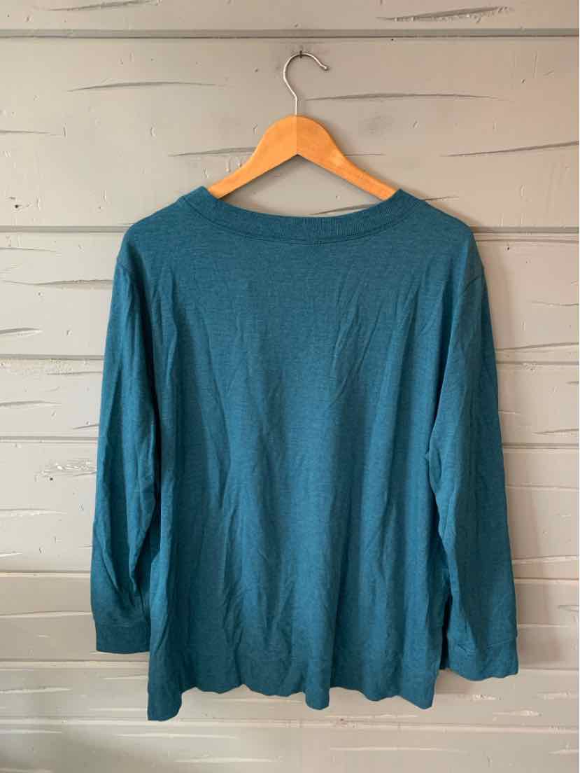 Long-sleeve teal shirt in soft fabric with a relaxed fit, shown from the back on a wooden hanger.
