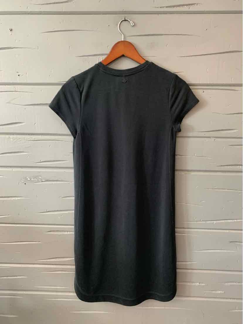 Short-sleeve dark gray knit dress with crew neckline, straight silhouette, and back view.