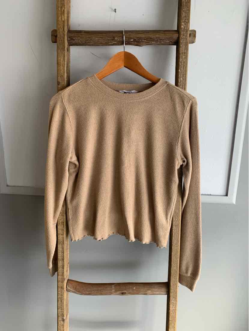 Tan long sleeve crew neck top with scalloped hem, soft knit fabric, size small.