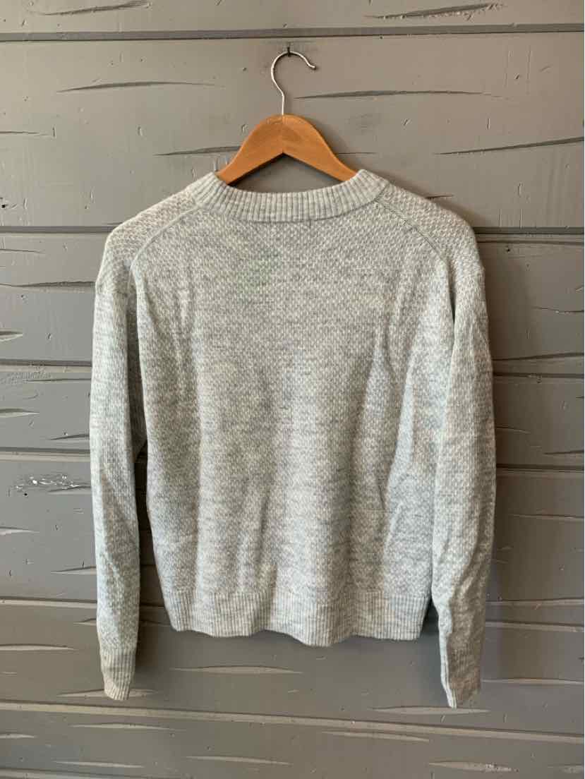 Light gray knit sweater with crew neck and long sleeves, medium size, classic solid design.