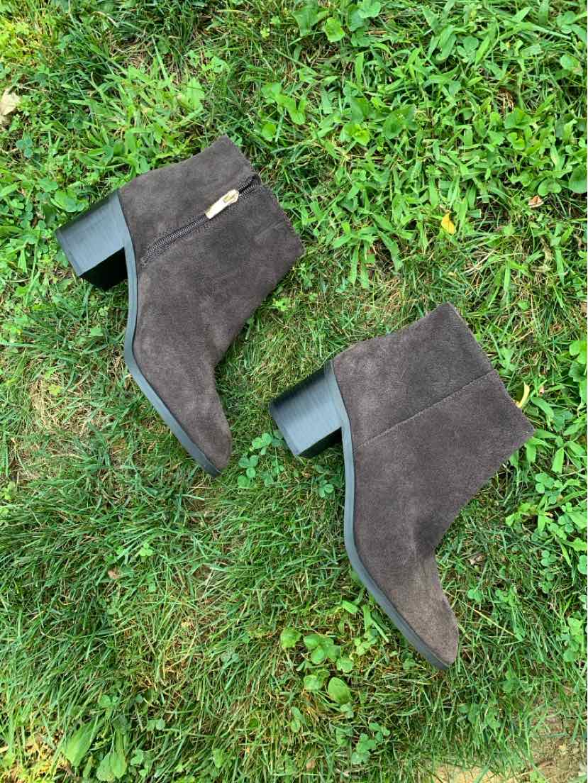 Dark brown suede ankle boots with stacked block heels and round toes.