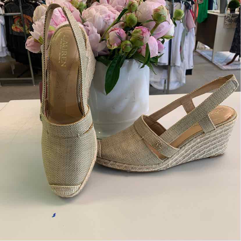 Beige woven wedge sandals with closed square toe and slingback straps, size 9.5.