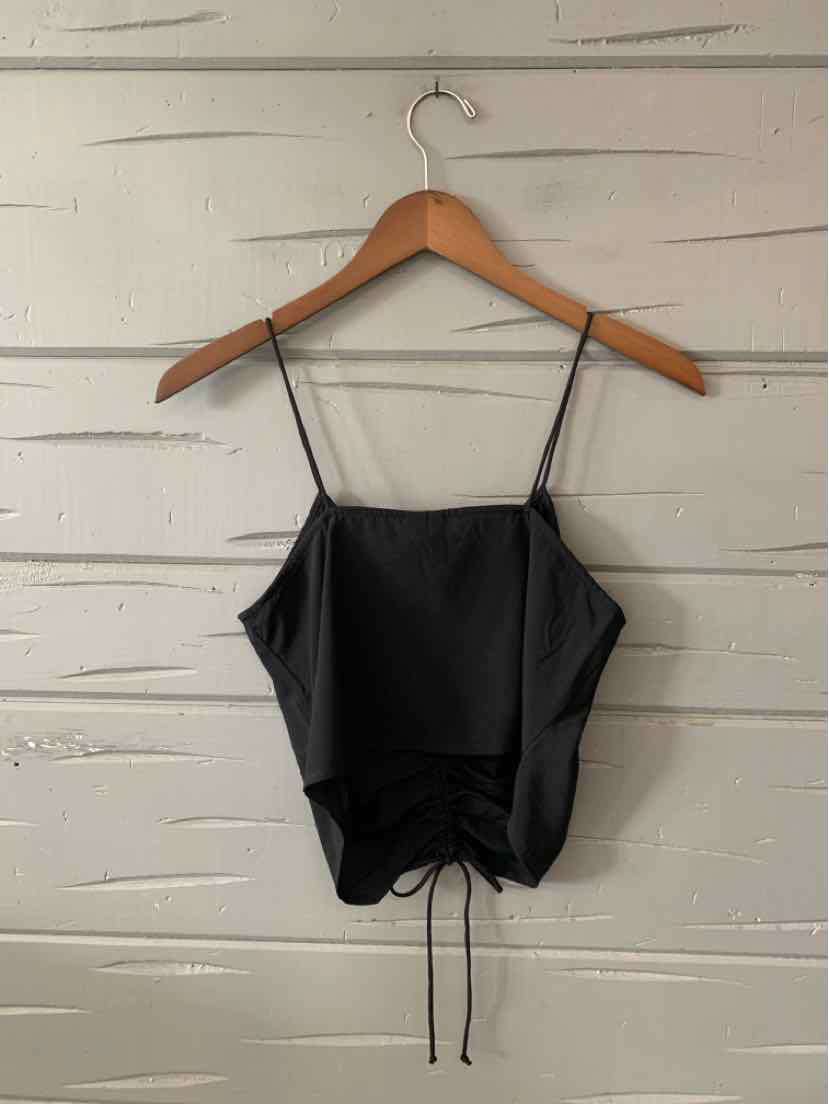 Black satin spaghetti strap crop top with ruched front and adjustable drawstrings.