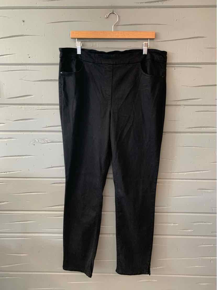 Black high-waist straight-leg pants with front pockets, smooth fabric, size 16.