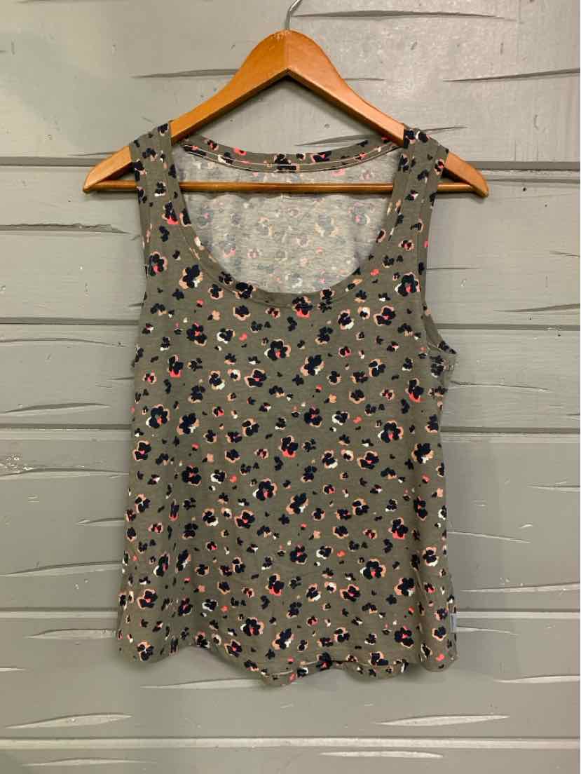 Olive green sleeveless tank top with multicolor small floral print and scoop neckline.