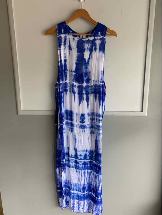 Sleeveless blue and white tie-dye maxi dress with crew neckline, lightweight fabric.