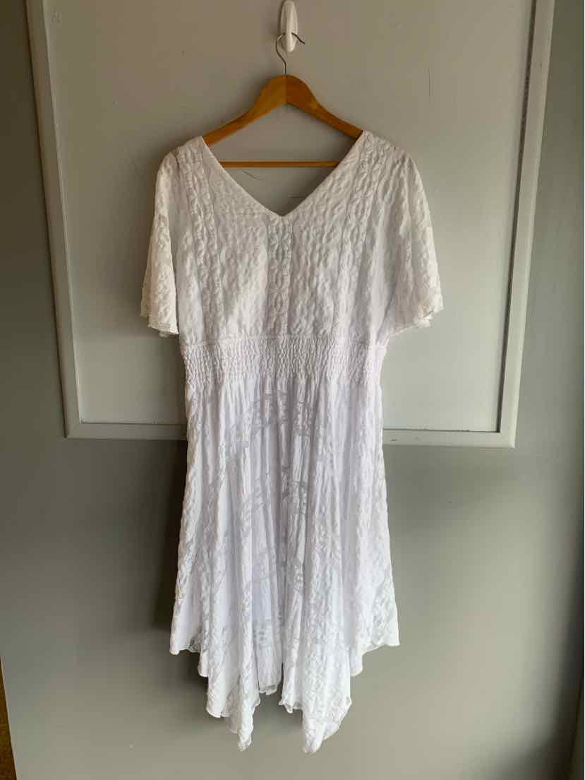 White lace dress with short sleeves, V-neck, and uneven hem on wooden hanger.