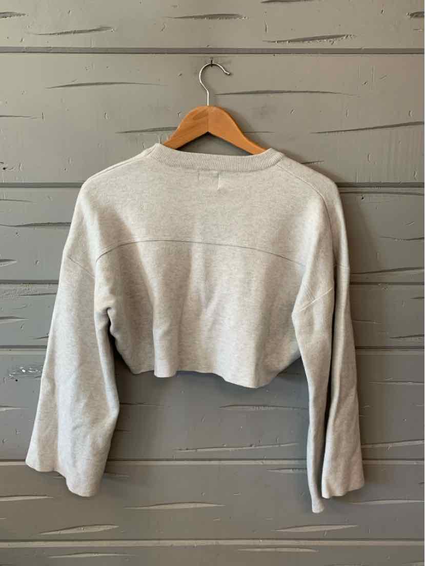 Light gray cropped sweatshirt with long sleeves and a crew neckline, displayed on a wooden hanger.