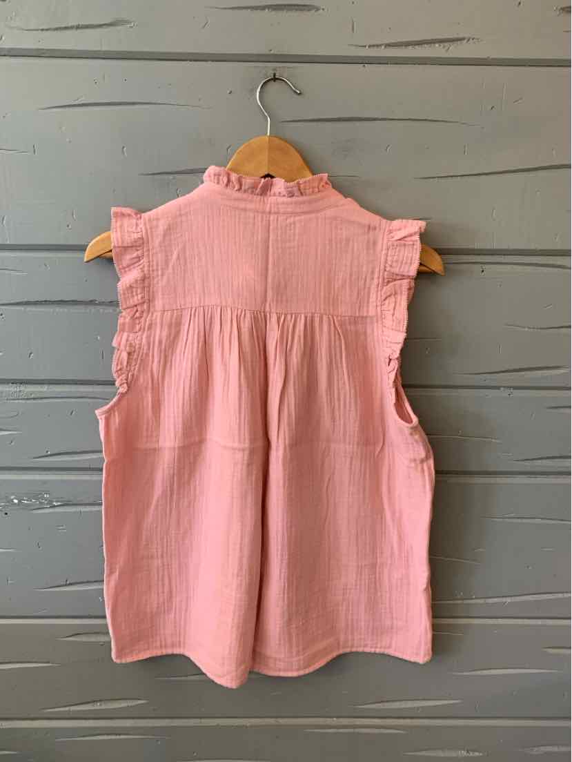 Light pink sleeveless blouse with ruffled collar and soft, textured fabric hanging on wooden hanger against gray wall.