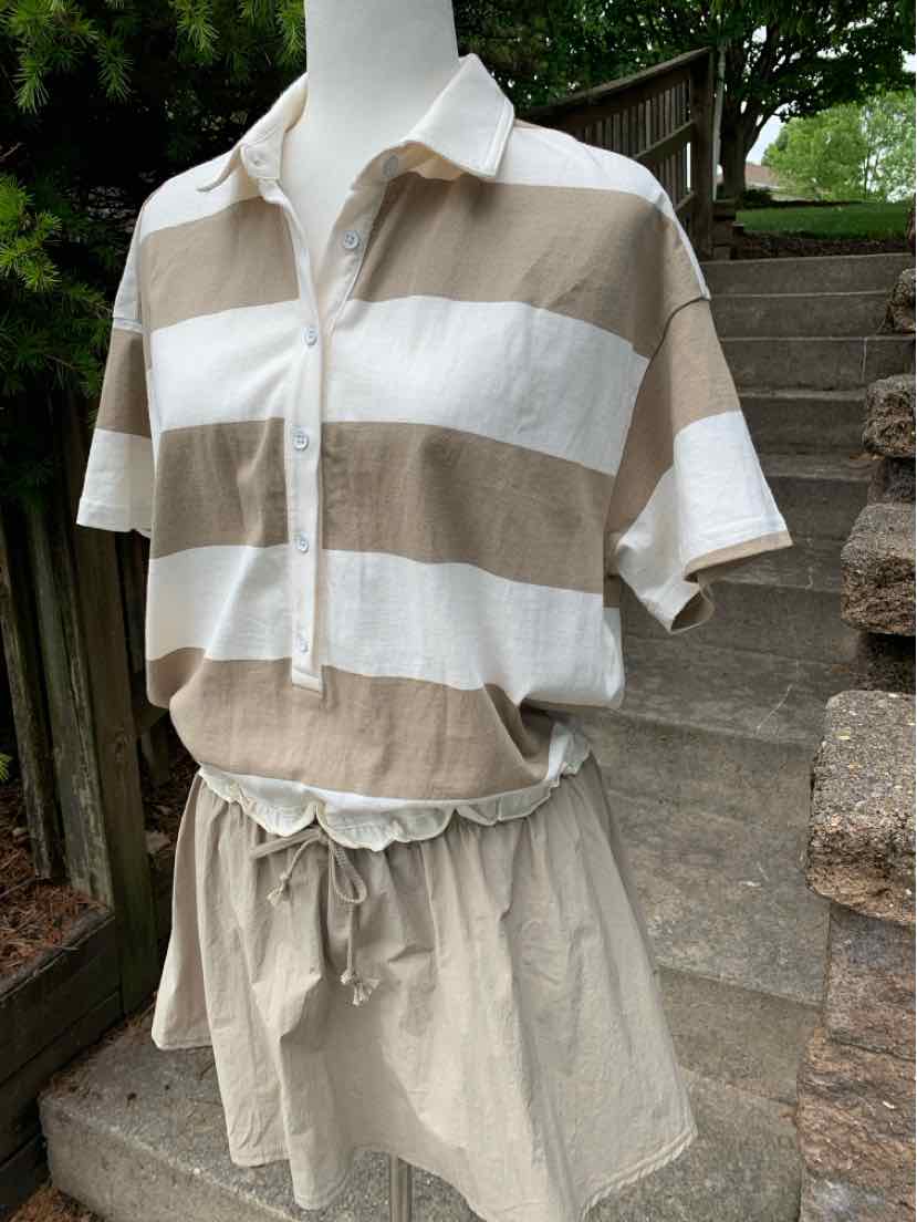 Tan and white wide striped short-sleeve polo with tan drawstring skirt set.
