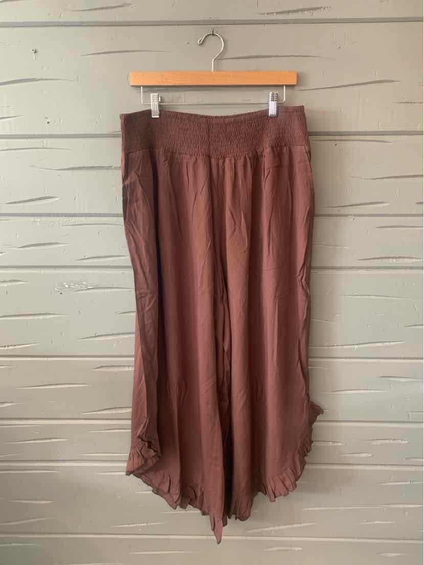 Brown wide-leg pants with elastic waistband and gathered hem, size 18-20.