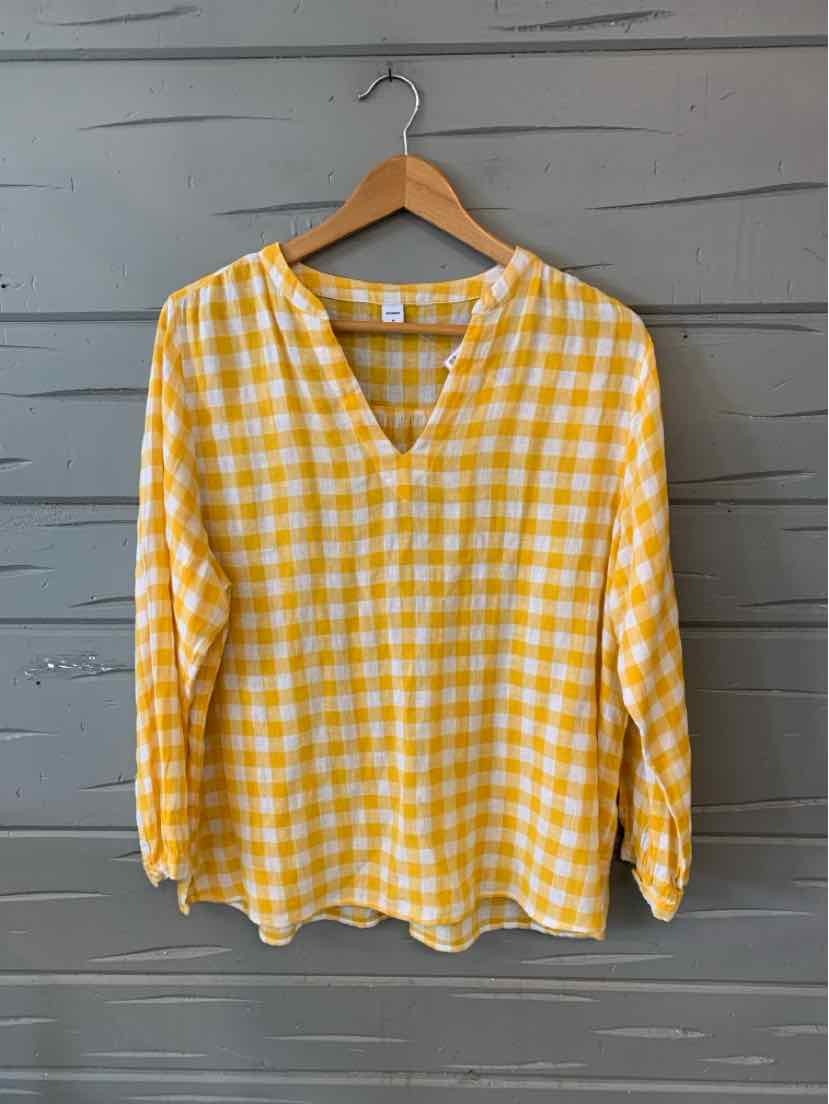Yellow and white gingham long-sleeve blouse with a V-neck and relaxed fit.