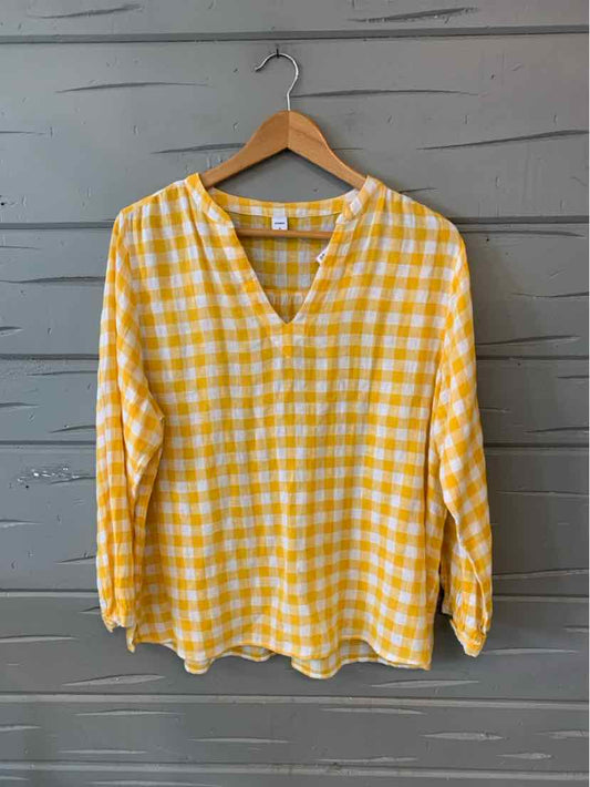Yellow and white gingham long-sleeve blouse with a V-neck and relaxed fit.