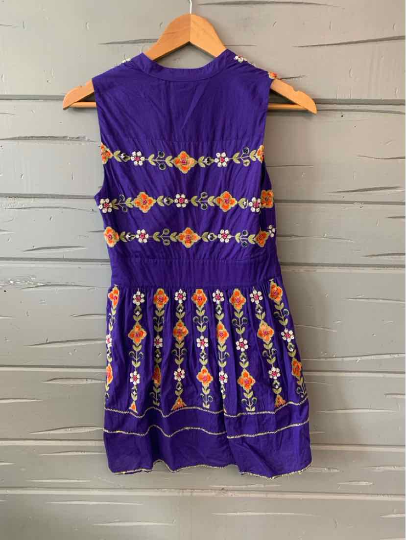 Sleeveless purple dress with multicolored horizontal floral embroidery and pleated skirt.