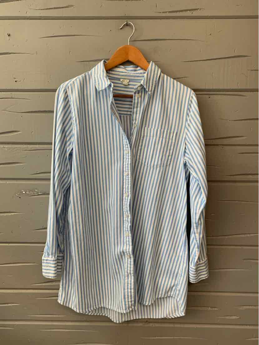 Long-sleeve button-up shirt with vertical blue and white stripes, relaxed fit, medium size.