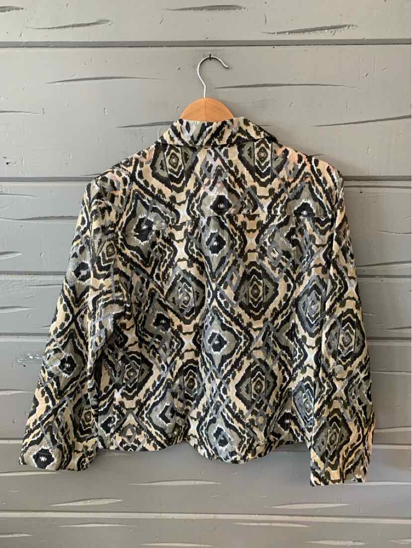 Gray and black patterned women's jacket in size large with geometric design on wooden hanger.