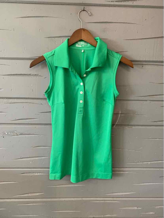 Sleeveless bright green Nike Golf polo shirt with button placket and collar, size XS.