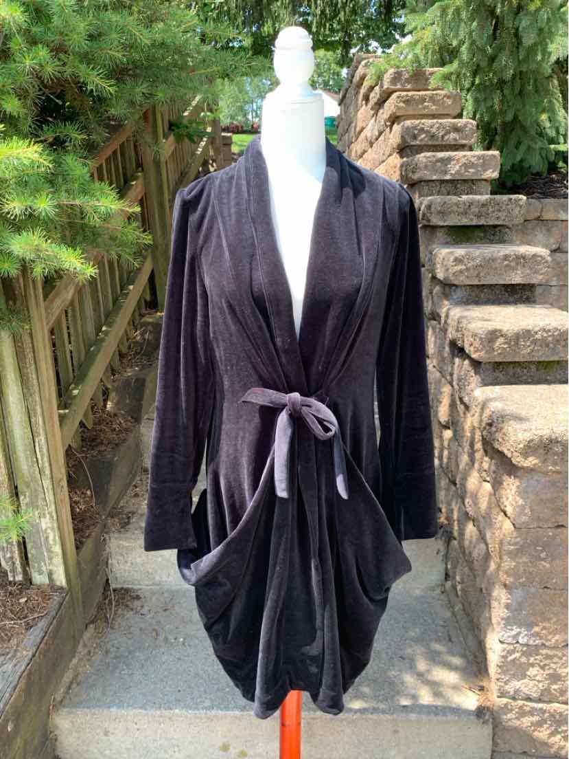 Black velvet long-sleeve wrap jacket with shawl collar and tie waist in size XL.