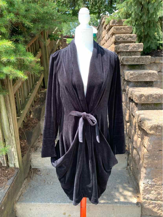 Black velvet long-sleeve wrap jacket with shawl collar and tie waist in size XL.