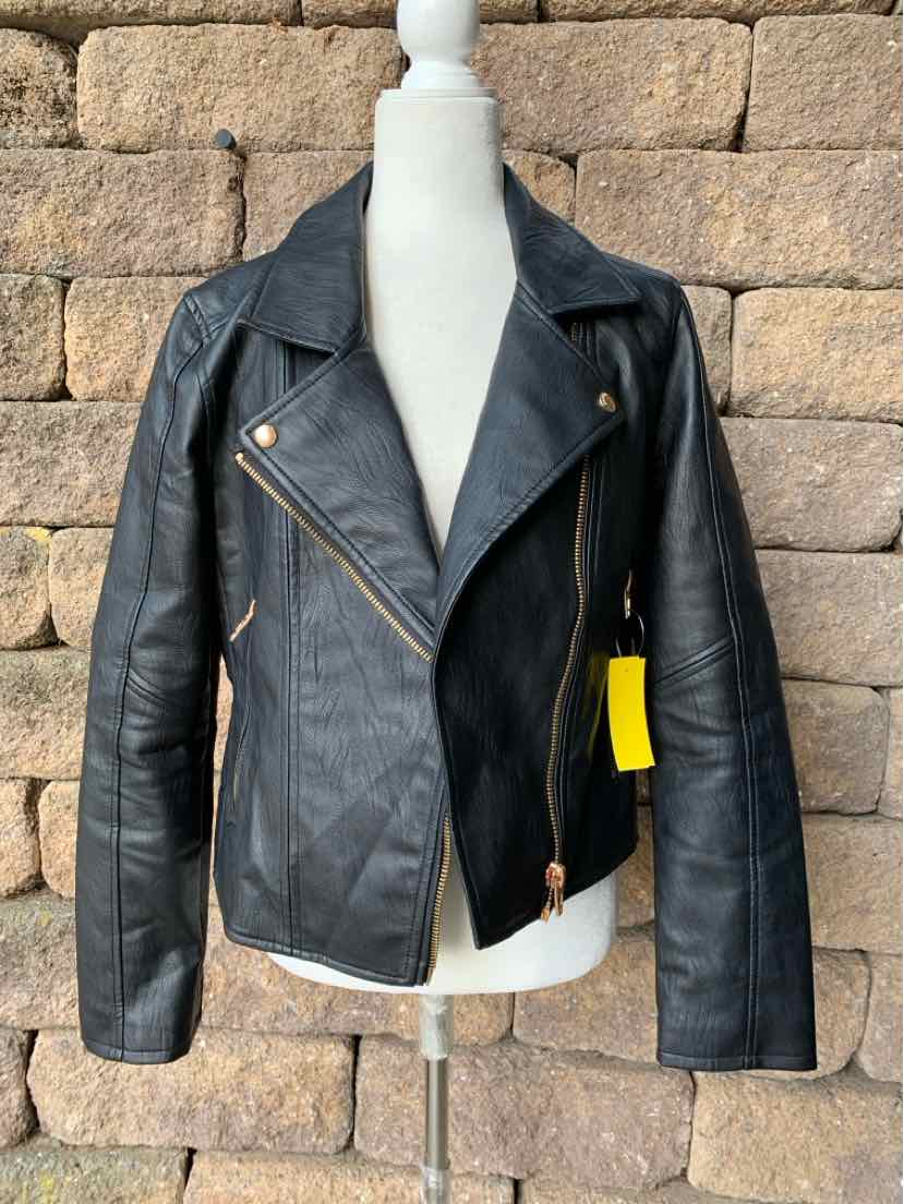 Black faux leather biker jacket with asymmetrical zipper and gold hardware, medium size.