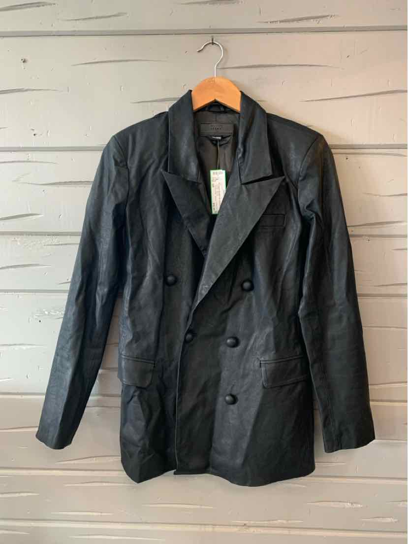 Black double-breasted faux leather blazer with notch lapels and long sleeves, size small.