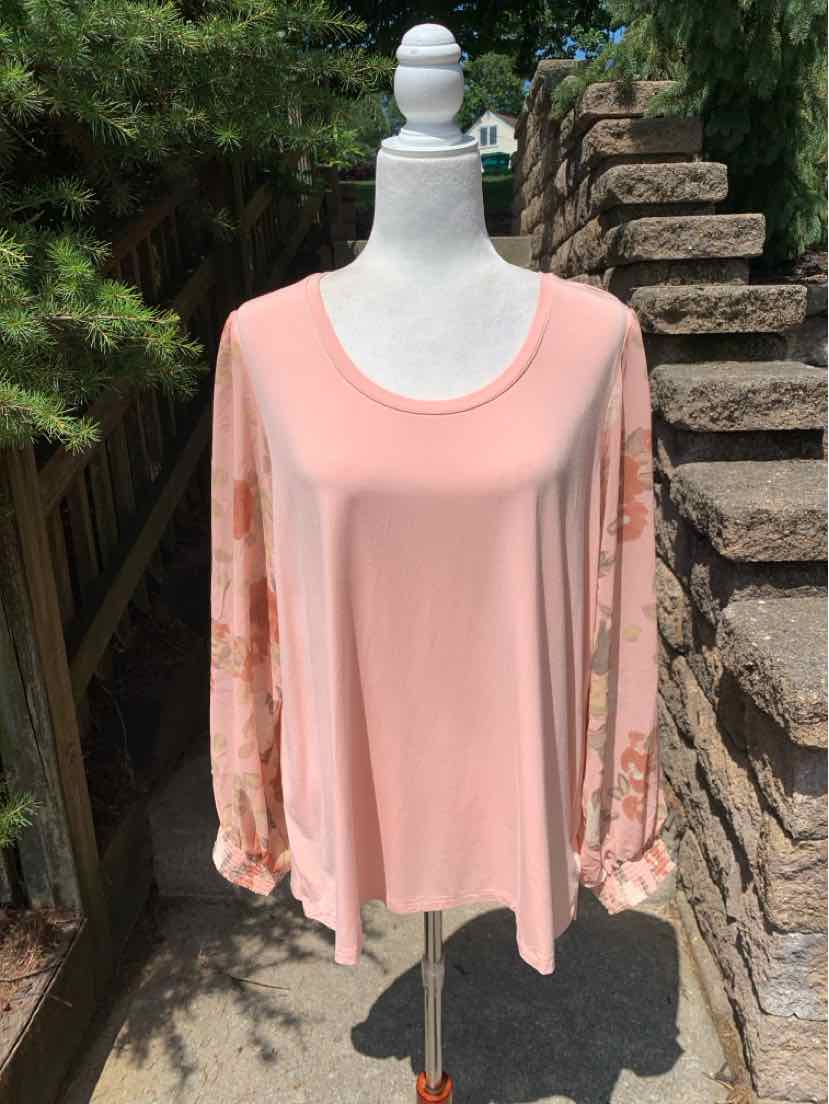 Light pink long-sleeve blouse with scoop neck and gathered cuffs on mannequin outdoors.