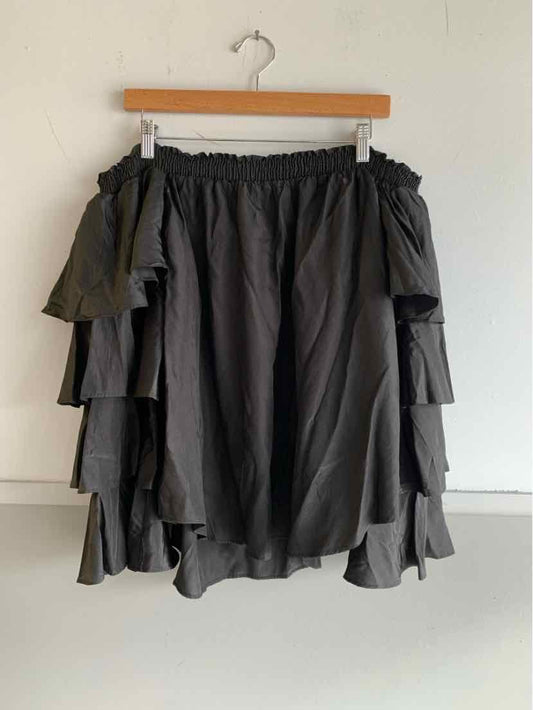 Black off-shoulder blouse with tiered ruffle sleeves and elastic neckline.