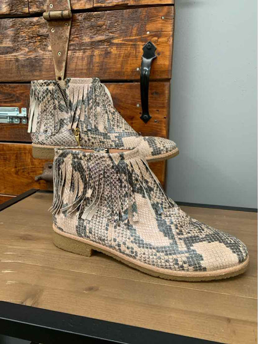 Brown and beige snake print ankle boots with side zipper and flat sole, size 9.5.