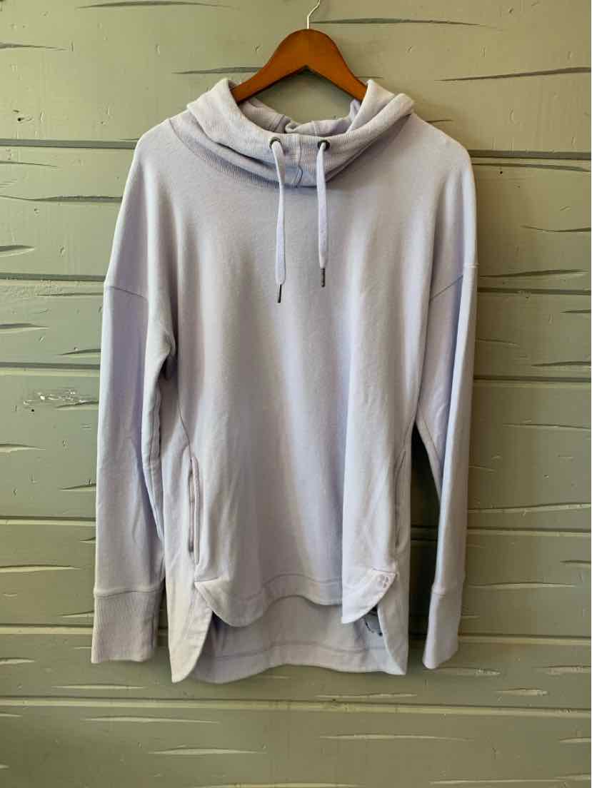 Light gray hooded sweatshirt with long sleeves and front pockets, relaxed fit, drawstring hood.